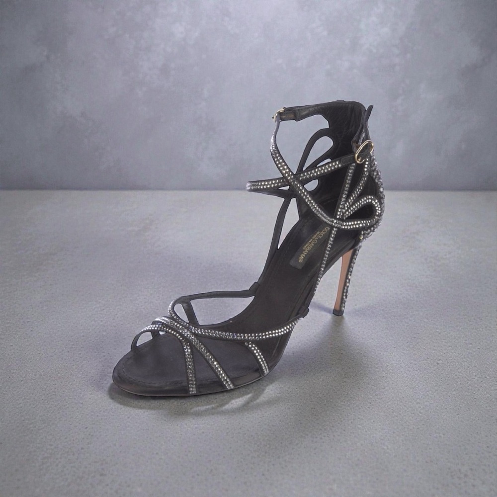 Elegant Dolce & Gabbana Black Strappy Heels with Rhinestone Detailing